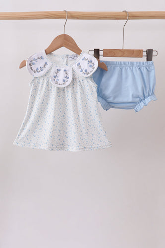 Blue Floral Embroidered Bloomer Set - ARIA KIDS