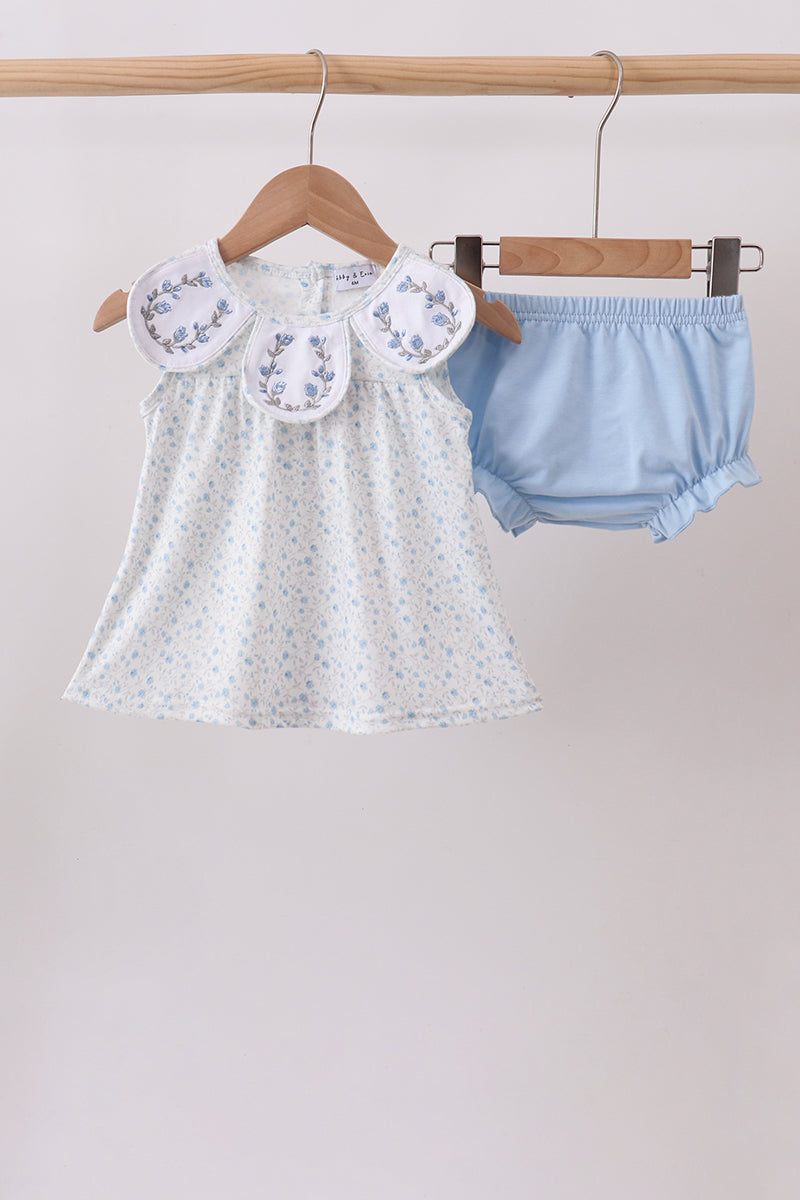 Blue Floral Embroidered Bloomer Set - ARIA KIDS