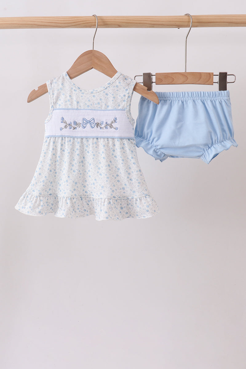 Blue Floral Smocked Ruffle Bloomer Set - ARIA KIDS