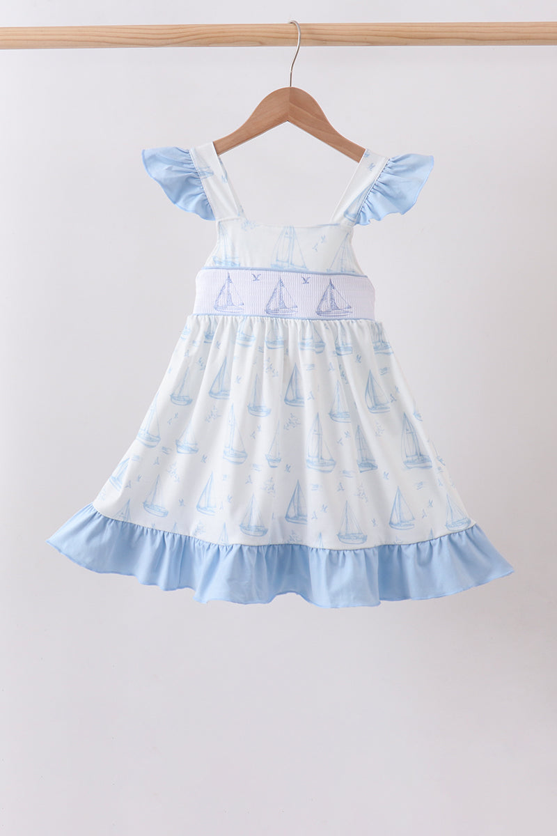 Blue Sailboat Smocked Ruffle Dress - ARIA KIDS