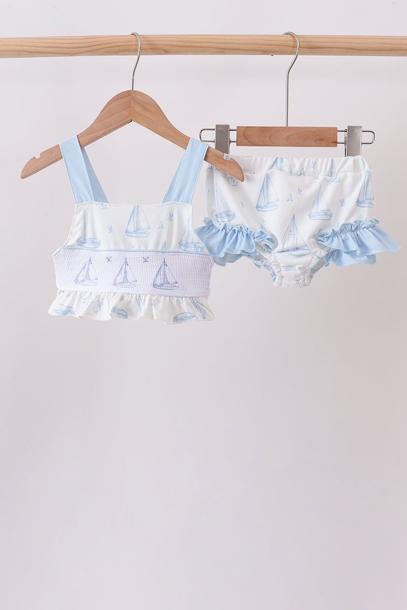 Blue Sailboat Smocked 2PC Swimsuit - ARIA KIDS