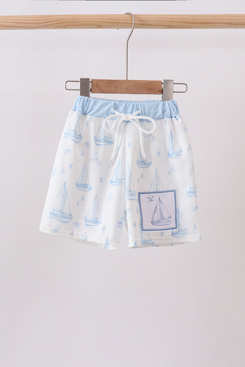 Blue Sailboat Embroidered Swim Trunks - ARIA KIDS
