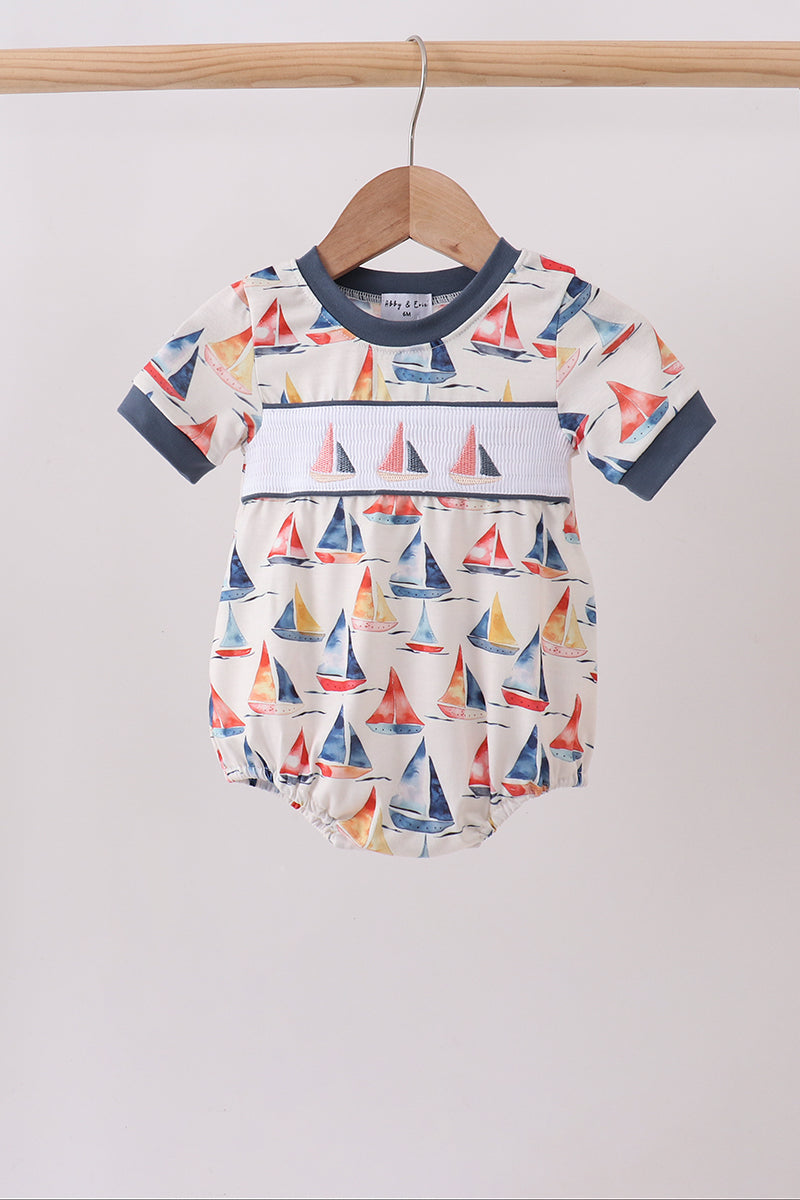 Blue Sailboat Smocked Bubble - ARIA KIDS