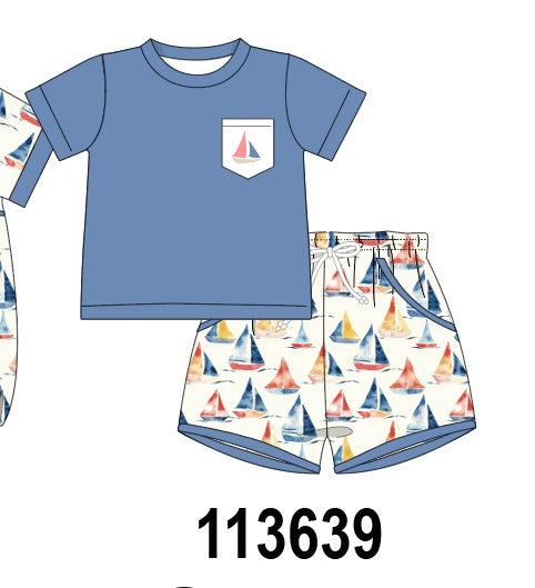 Blue Sailboat Print Shorts Set