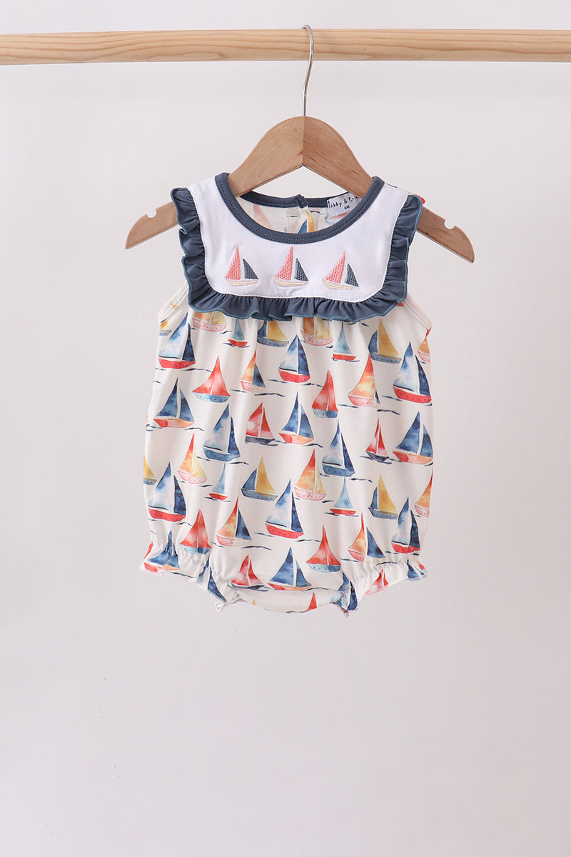 Blue Sailboat Embroidered Ruffle Bubble - ARIA KIDS