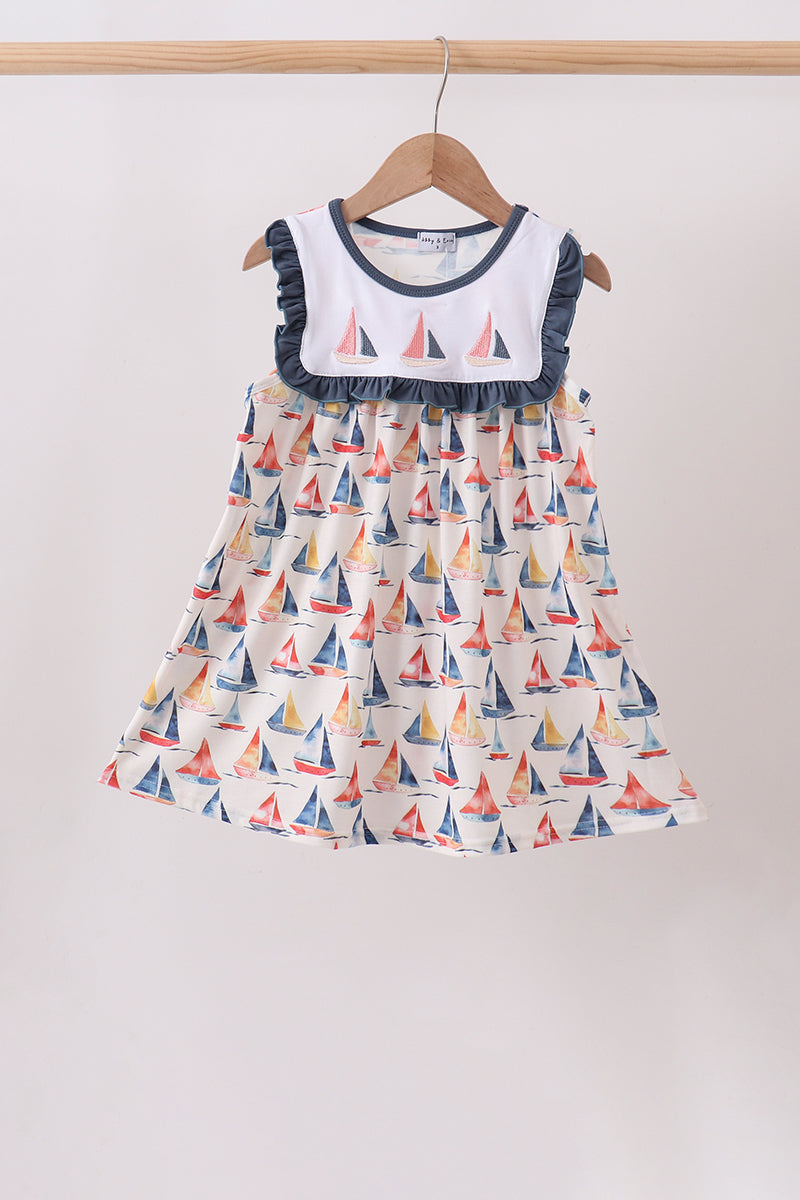 Blue Sailboat Embroidered Dress - ARIA KIDS