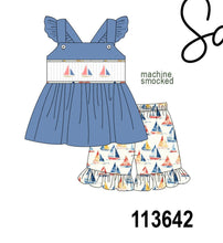 Blue Sailboat Smocked Ruffle Shorts Set