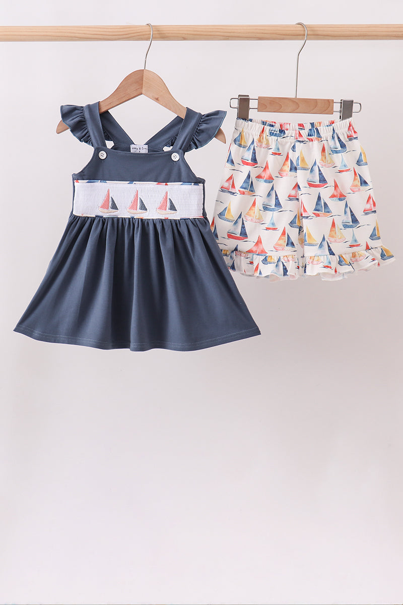 Blue Sailboat Smocked Ruffle Shorts Set - ARIA KIDS