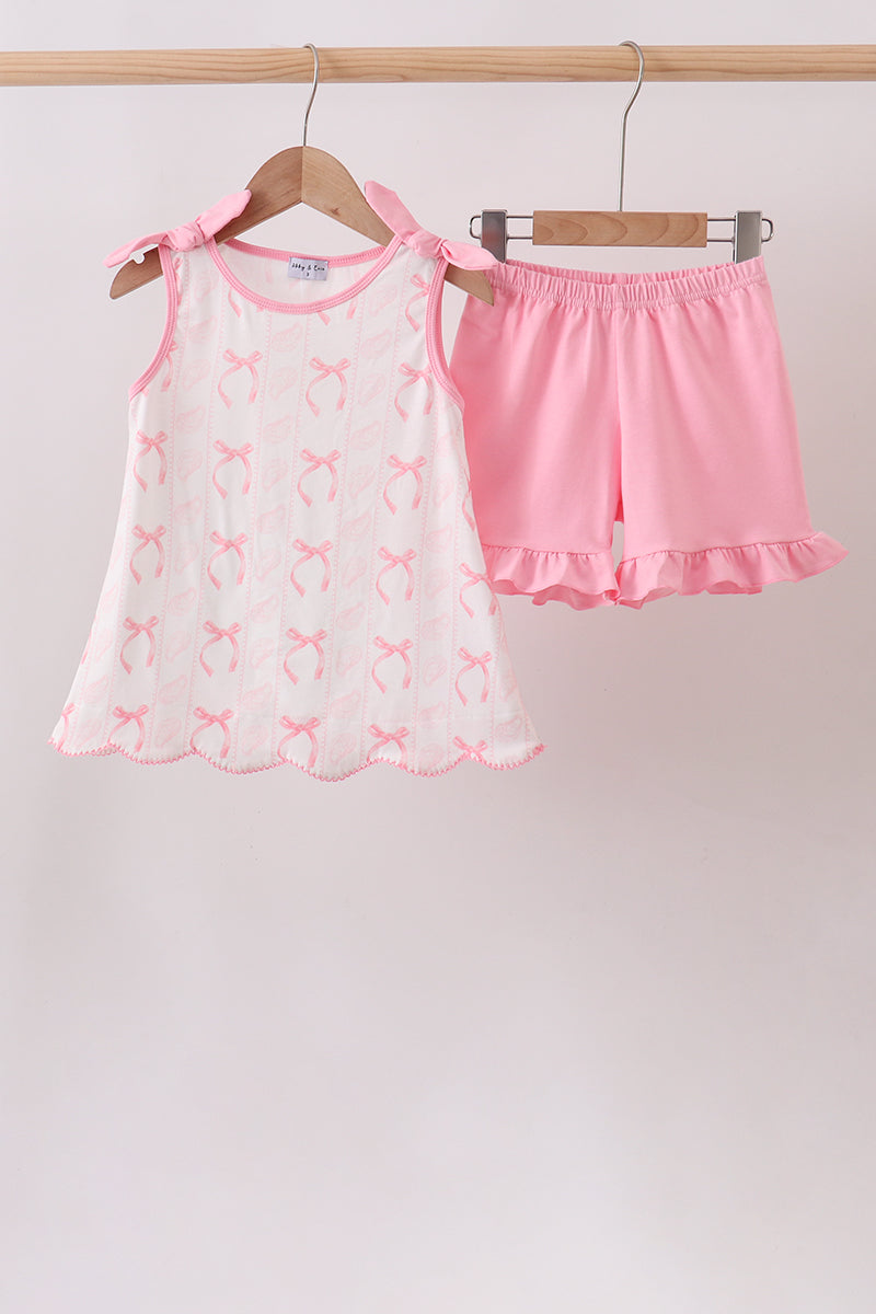 Pink Bow Print Ruffle Shorts Set - ARIA KIDS