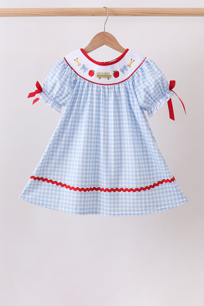 Blue School Bus Smocked Gingham Dress - ARIA KIDS