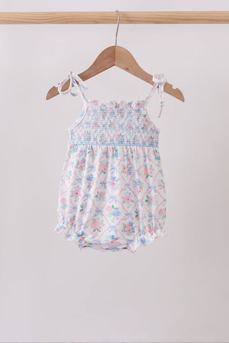 Blue Floral Smocked Bubble - ARIA KIDS