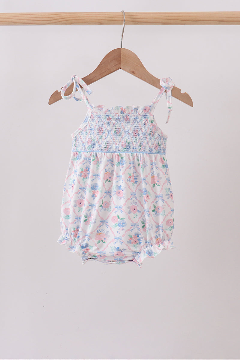 Blue Floral Smocked Bubble - ARIA KIDS