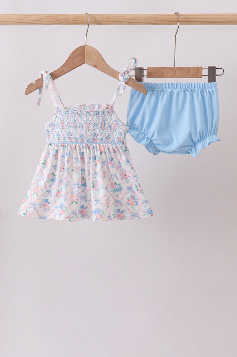 Blue Floral Smocked Bloomer Set - ARIA KIDS