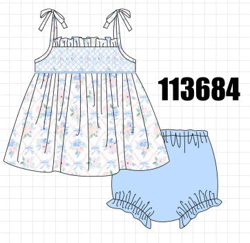 Blue Floral Smocked Bloomer Set