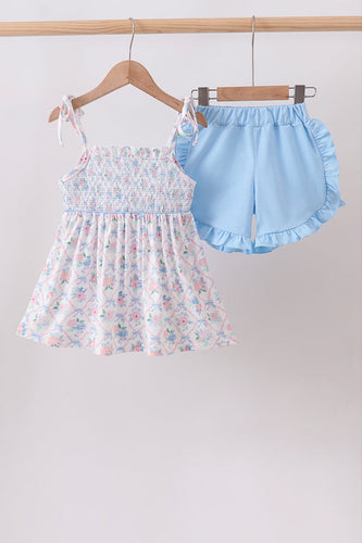 Blue Floral Smocked Ruffle Shorts Set - ARIA KIDS