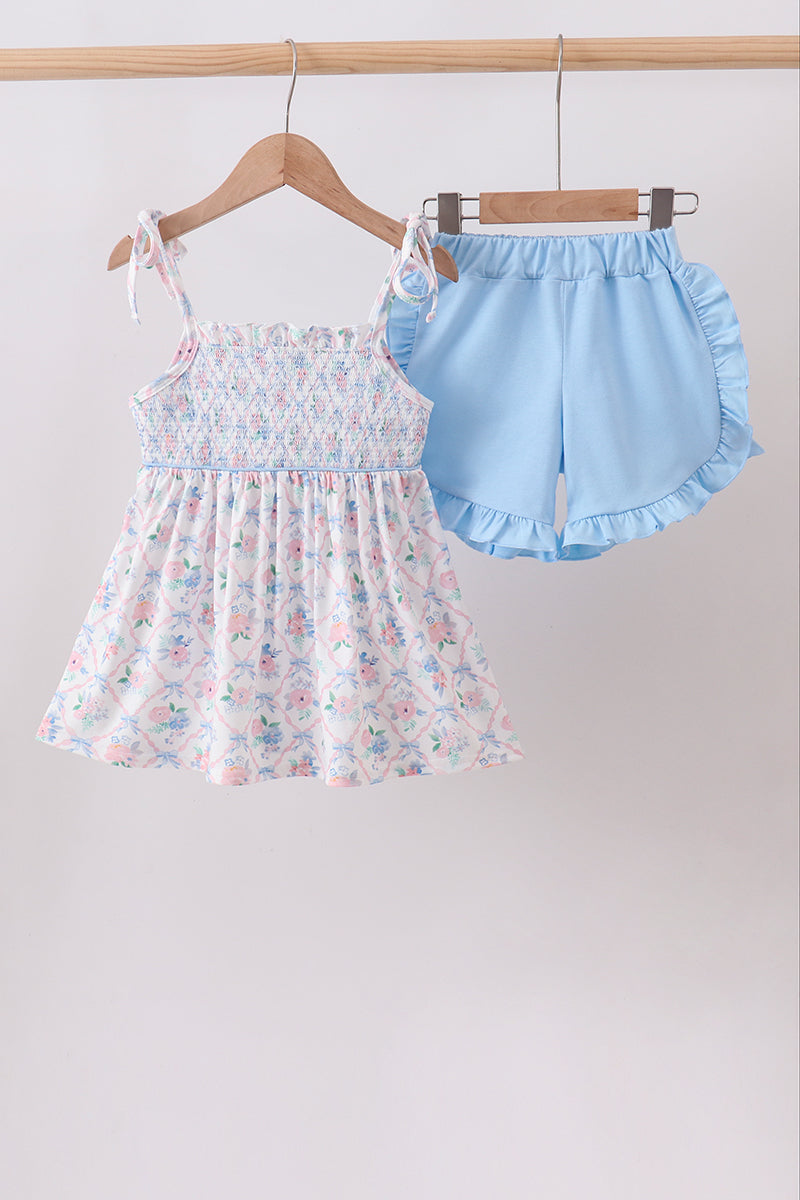 Blue Floral Smocked Ruffle Shorts Set - ARIA KIDS