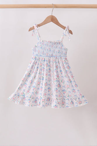 Blue Floral Smocked Ruffle Dress - ARIA KIDS