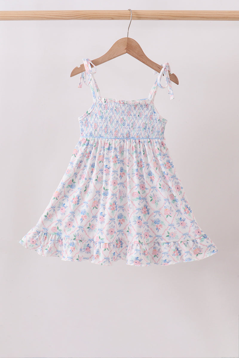 Blue Floral Smocked Ruffle Dress - ARIA KIDS