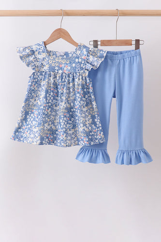 Blue Floral Print Ruffle Pants Set - ARIA KIDS
