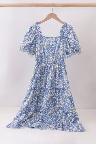 Blue Floral Print Mom Dress - ARIA KIDS