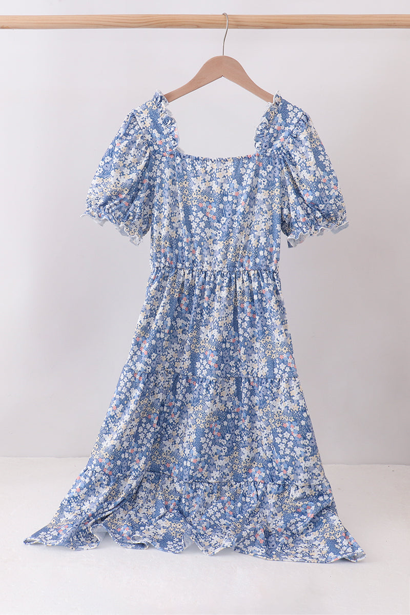 Blue Floral Print Mom Dress - ARIA KIDS