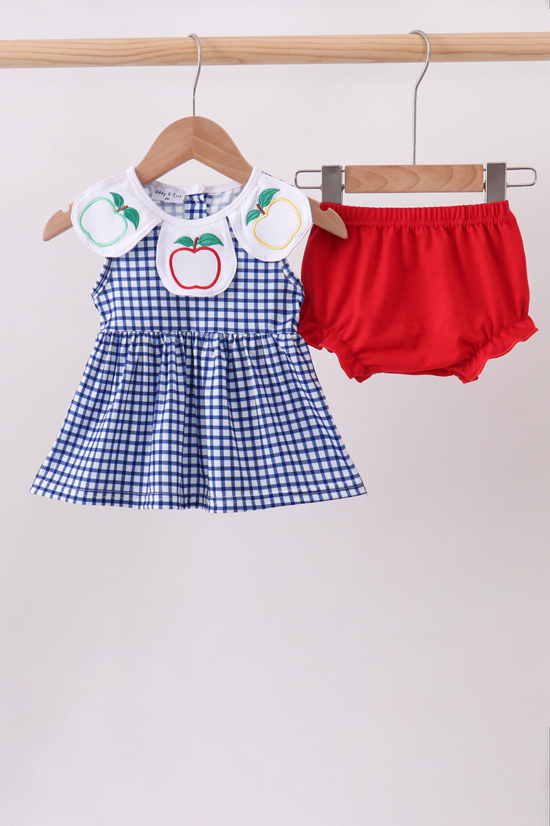 Navy Apple Embroidered Gingham Bloomer Set - ARIA KIDS