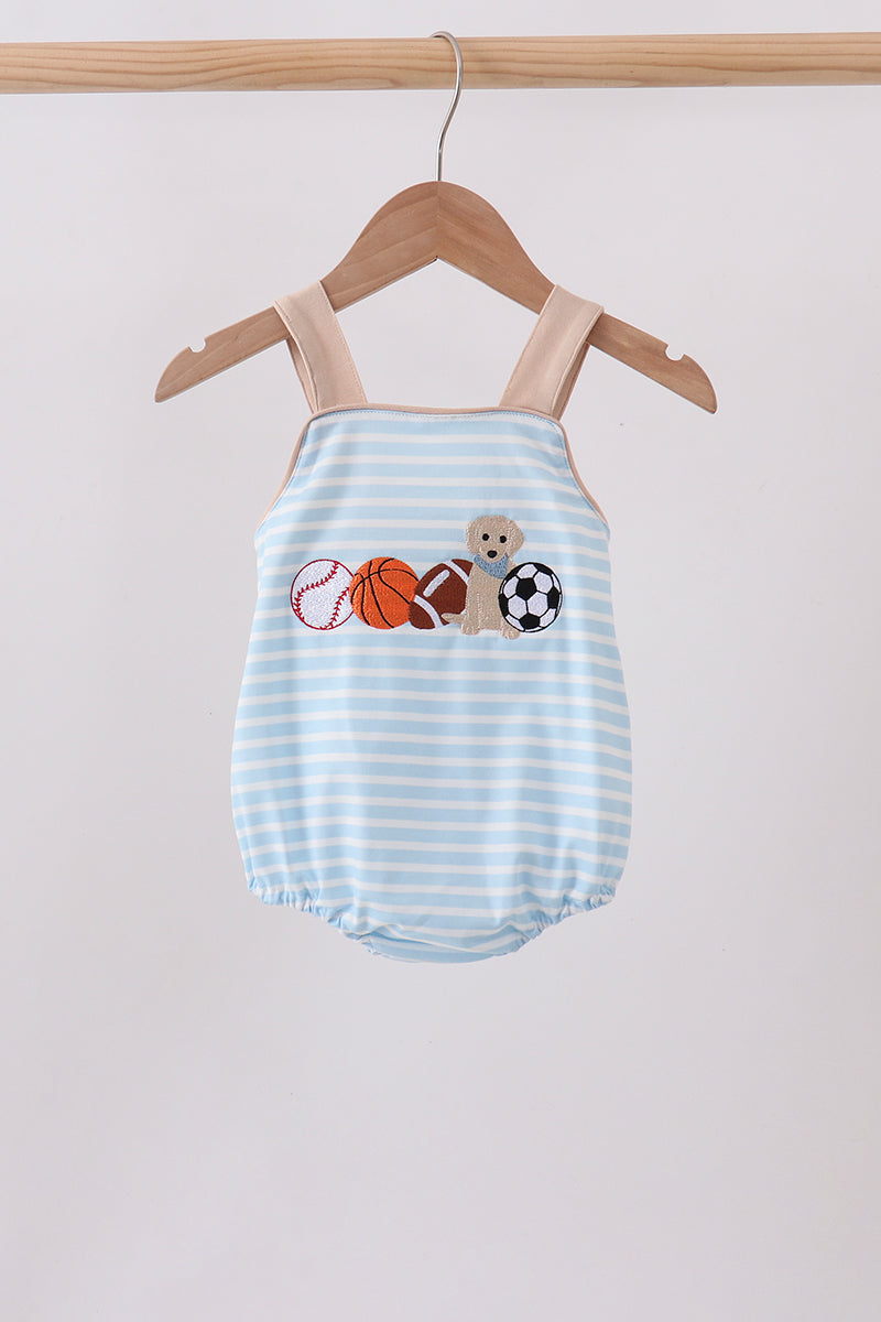 Blue Puppy Ball Embroidered Stripe Bubble - ARIA KIDS