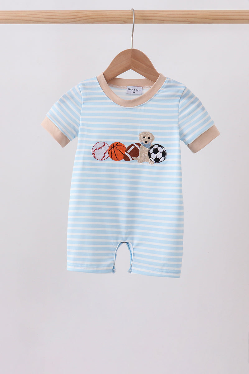 Blue Puppy Ball Embroidered Stripe Romper - ARIA KIDS