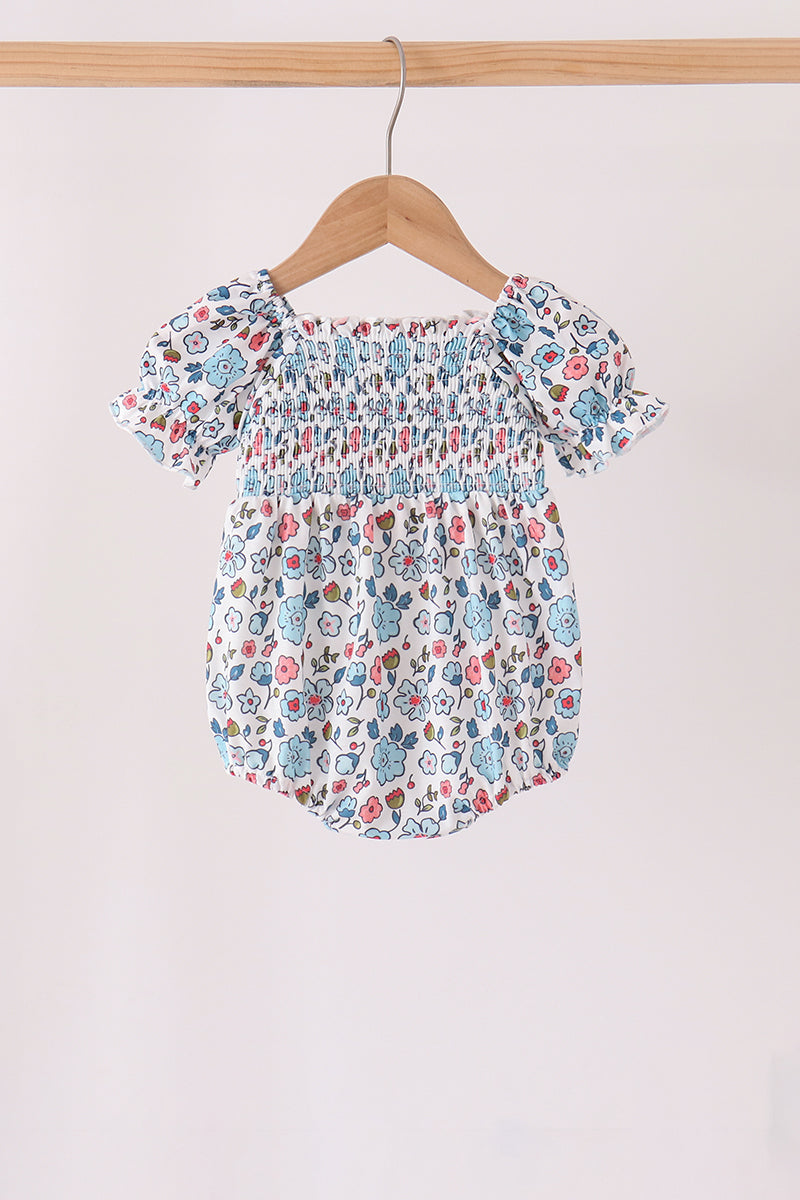 Blue floral smocked ruffle bubble - ARIA KIDS