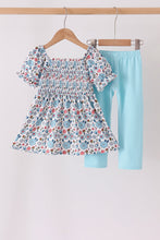 Blue floral smocked ruffle pants set - ARIA KIDS