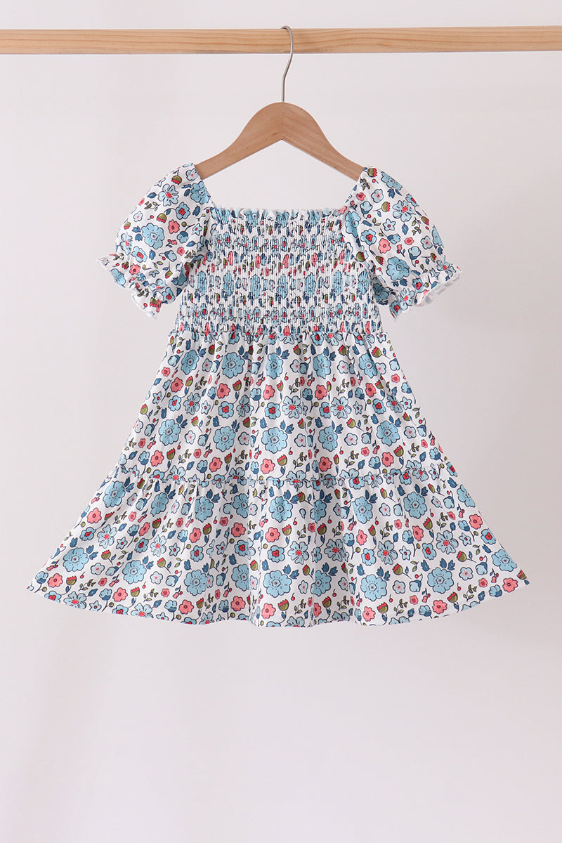 Blue floral smocked ruffle dress - ARIA KIDS