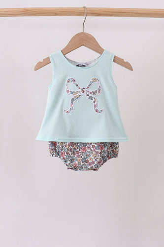 Blue Floral Bow Applique Bubble - ARIA KIDS