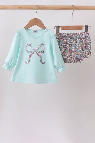 Blue Floral Bow Applique Bloomer Set - ARIA KIDS
