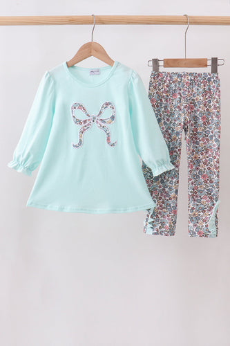 Blue Floral Bow Applique Pants Set - ARIA KIDS