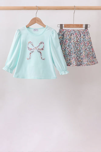 Blue Floral Bow Applique Skorts Set - ARIA KIDS