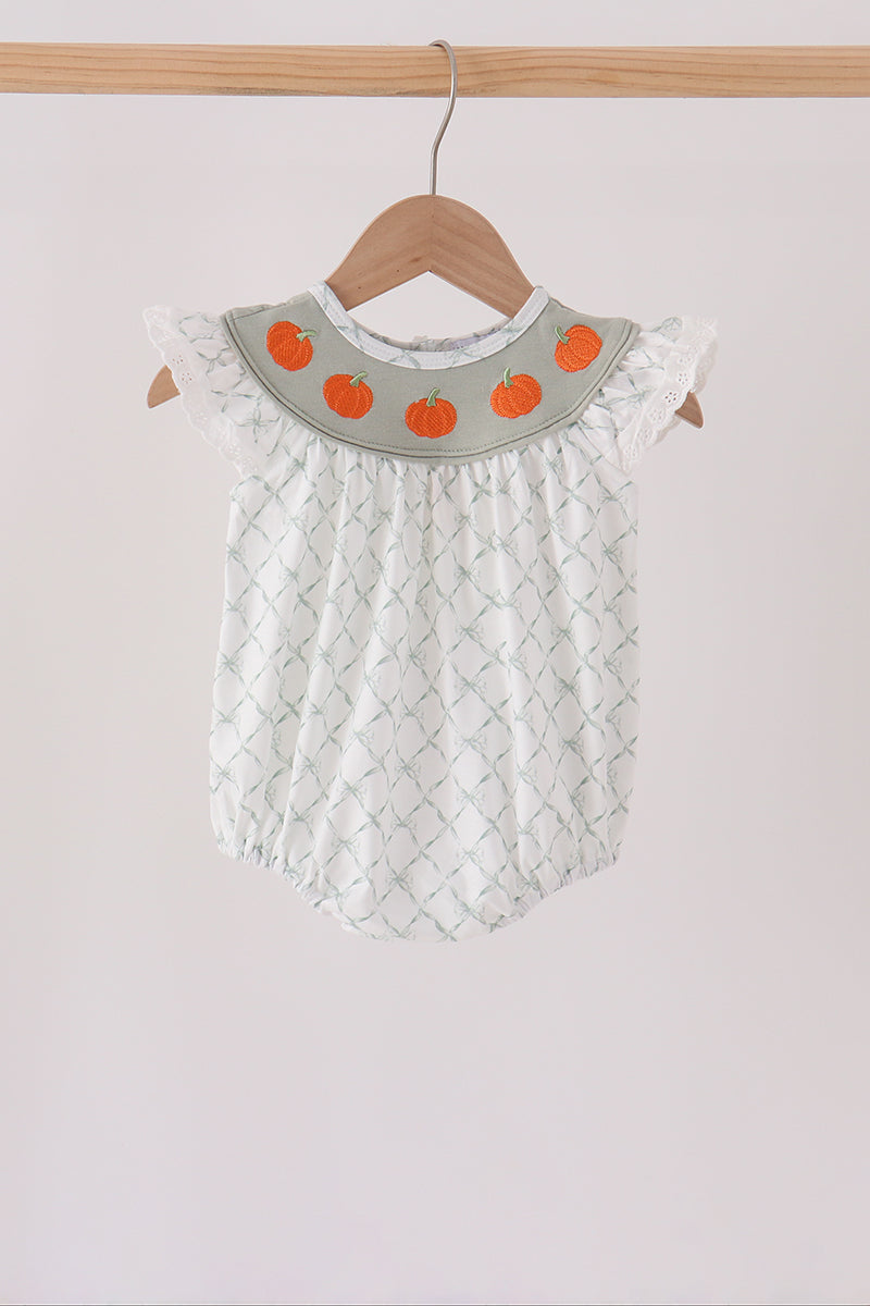 Sage pumpkin embroidery bow ruffle bubble - ARIA KIDS