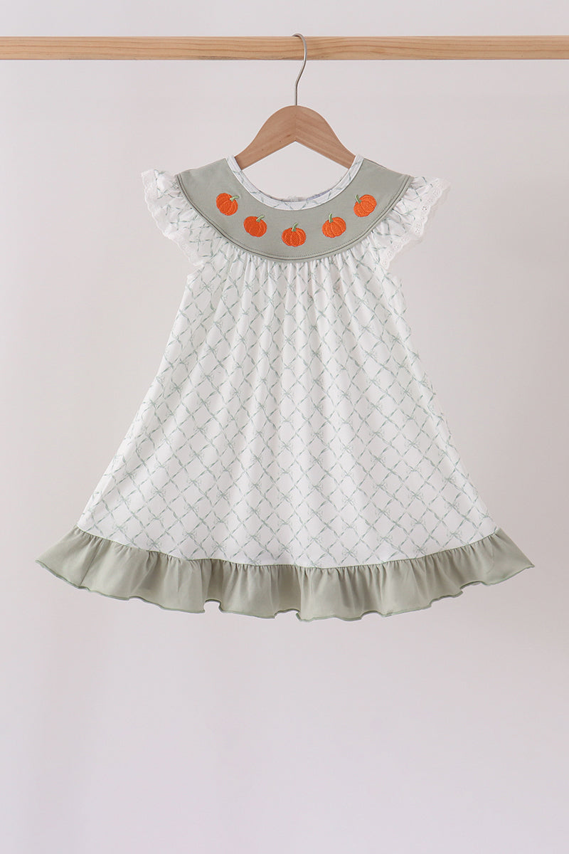Sage pumpkin embroidery bow ruffle dress - ARIA KIDS