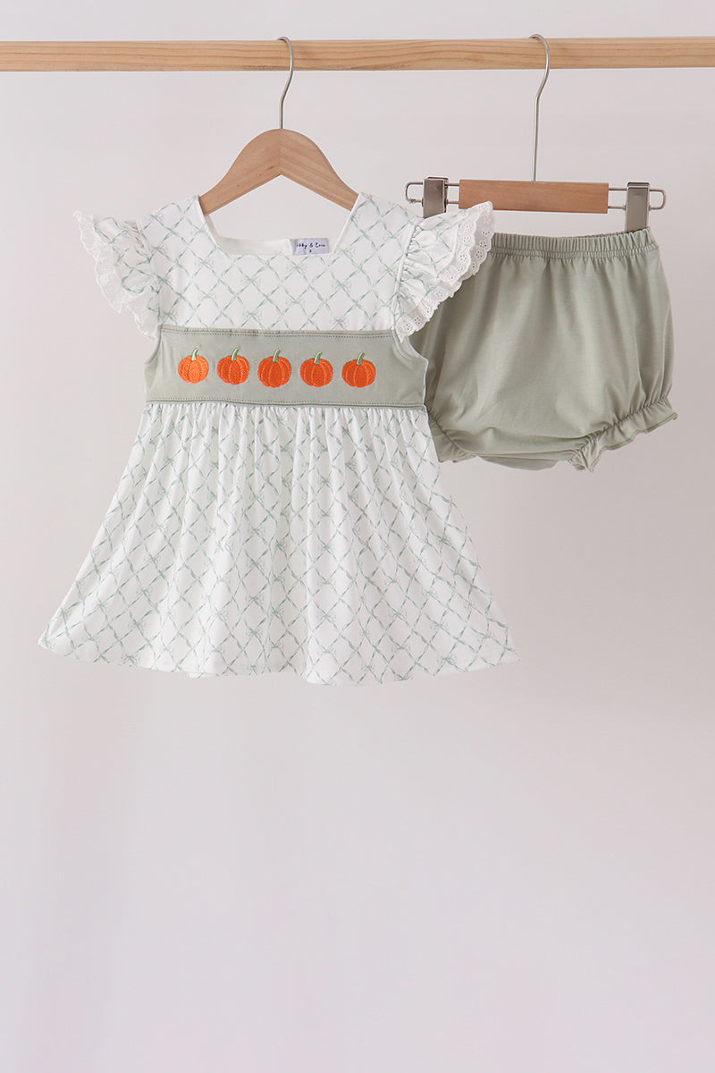 Sage pumpkin embroidery bow ruffle bloomer set - ARIA KIDS