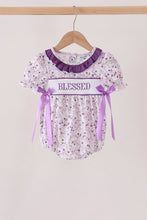 Purple floral blessed smocked ruffle bubble