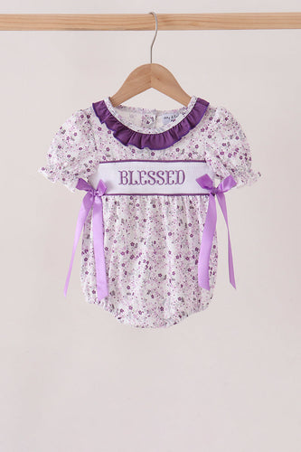Purple floral blessed smocked ruffle bubble - ARIA KIDS