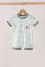 Sage pumpkin embroidery gingham romper