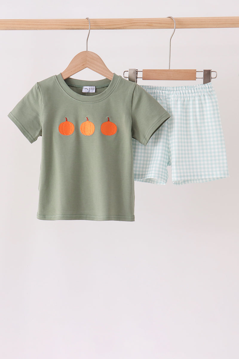 Sage pumpkin embroidery gingham shorts set - ARIA KIDS