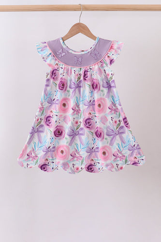 Purple Bow Embroidered Floral Scalloped Dress - ARIA KIDS