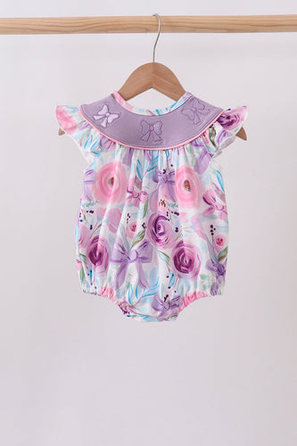 Purple Bow Embroidered Floral Bubble - ARIA KIDS