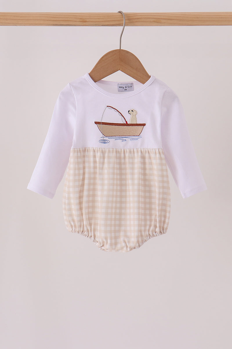 Khaki Puppy Fishing Embroidery Bubble - ARIA KIDS