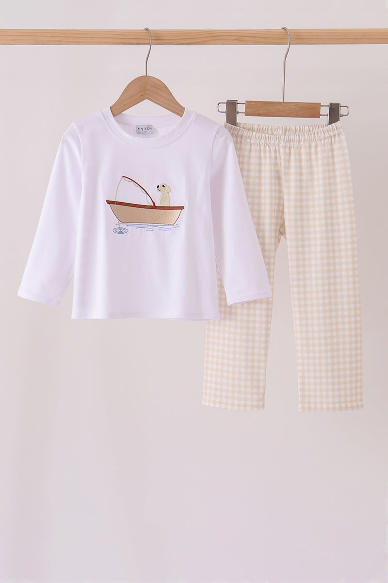 Khaki Puppy Fishing Embroidery Pants Set - ARIA KIDS