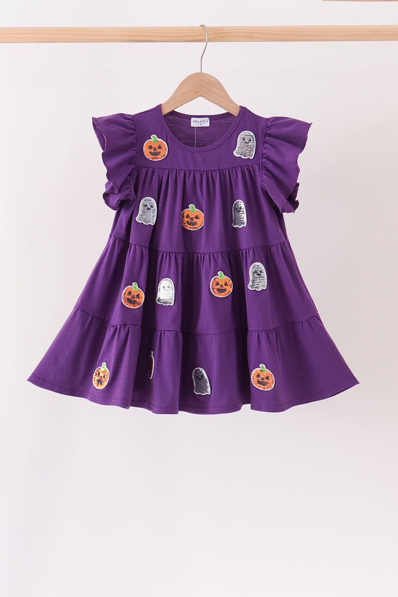 Purple ghost pumpkin sequin ruffle dress - ARIA KIDS
