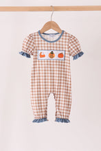 Brown turkey pumpkin embroidery gingham ruffle romper