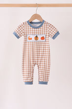 Brown turkey pumpkin embroidery gingham romper