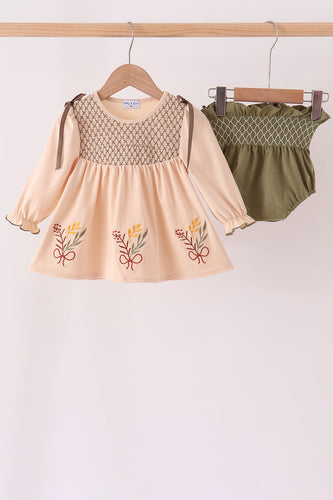 Khaki floral smocked bloomer set - ARIA KIDS